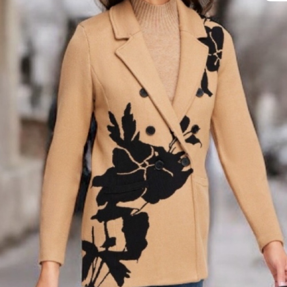 Chico’s Tan and Black Floral Ponte Knit Blazer Jacket Sz 2 L